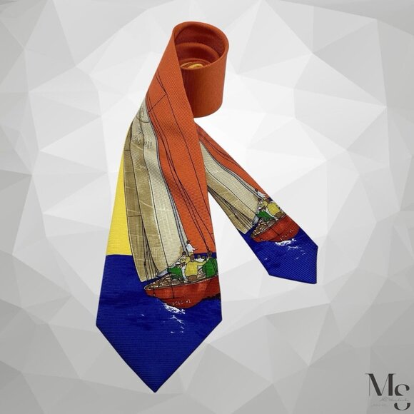 RARE POLO BY RALPH LAUREN Orange Sailboat Silk Tie Handmade Italy W:3.5" NWT